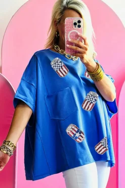 Hot Dear-Lover Sequined American Flag Pop Can Pattern Oversized Tee Blue