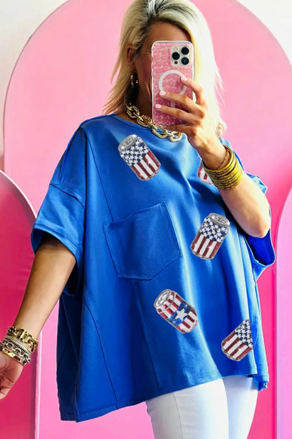 Hot Dear-Lover Sequined American Flag Pop Can Pattern Oversized Tee Blue