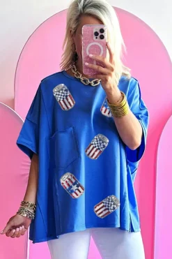 Hot Dear-Lover Sequined American Flag Pop Can Pattern Oversized Tee Blue