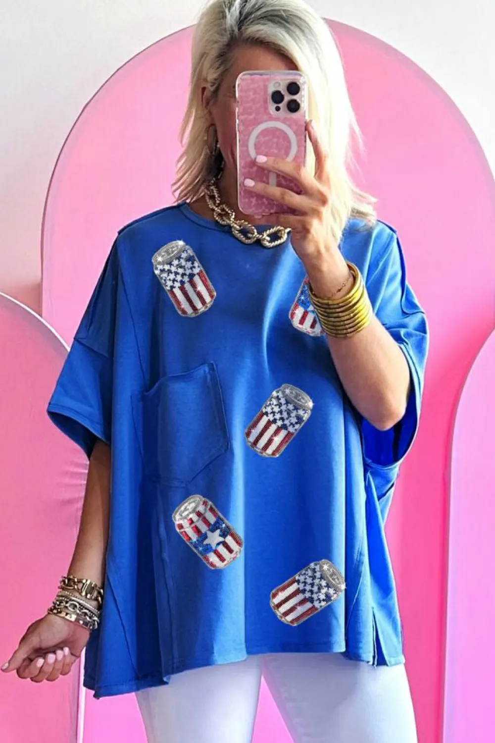 Hot Dear-Lover Sequined American Flag Pop Can Pattern Oversized Tee Blue