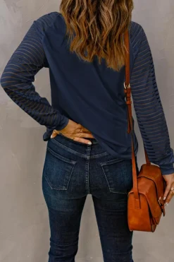 Best Dear-Lover Sheer Stripe V-Neck Top Blue