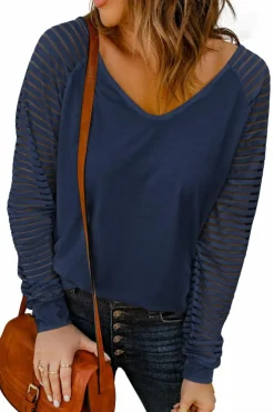 Best Dear-Lover Sheer Stripe V-Neck Top Blue