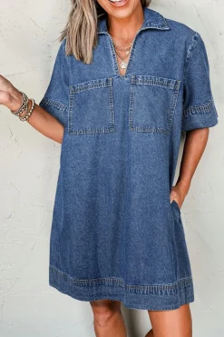 Sale Dear-Lover Short Sleeve Collared Patched Pocket Denim Mini Dress Blue