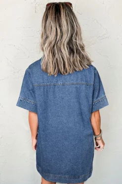 Sale Dear-Lover Short Sleeve Collared Patched Pocket Denim Mini Dress Blue