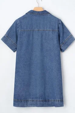 Sale Dear-Lover Short Sleeve Collared Patched Pocket Denim Mini Dress Blue