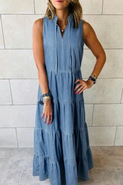 New Dear-Lover Sleeveless Tiered Chambray Maxi Dress Blue