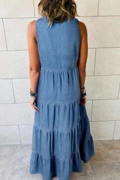New Dear-Lover Sleeveless Tiered Chambray Maxi Dress Blue