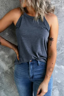 Fashion Dear-Lover Solid Color Crew Neck Tank Top Blue