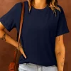 Best Dear-Lover Solid Color Crew Neck Tee Blue