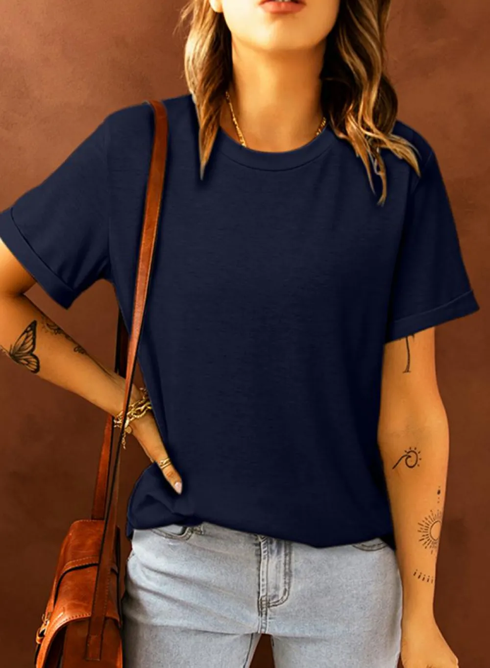 Best Dear-Lover Solid Color Crew Neck Tee Blue