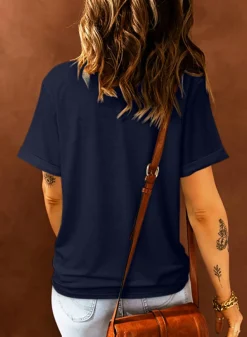 Best Dear-Lover Solid Color Crew Neck Tee Blue