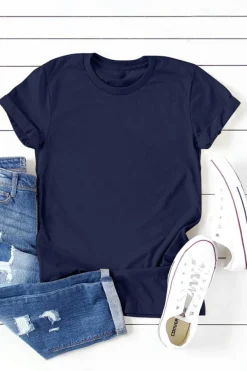Best Dear-Lover Solid Color Crew Neck Tee Blue