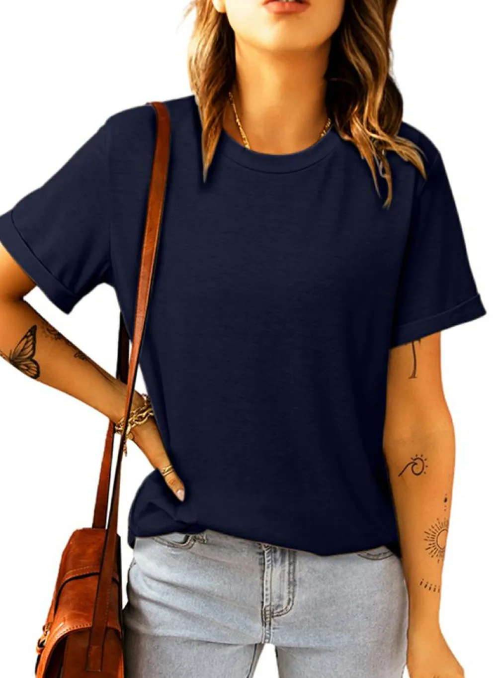 Best Dear-Lover Solid Color Crew Neck Tee Blue