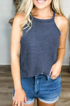 Fashion Dear-Lover Solid Color Crew Neck Tank Top Blue