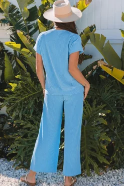 Hot Dear-Lover Solid Corded Knit Short Sleeve T Shirt and Wide Leg Pants Set Blue