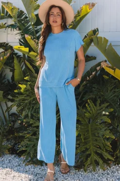 Hot Dear-Lover Solid Corded Knit Short Sleeve T Shirt and Wide Leg Pants Set Blue