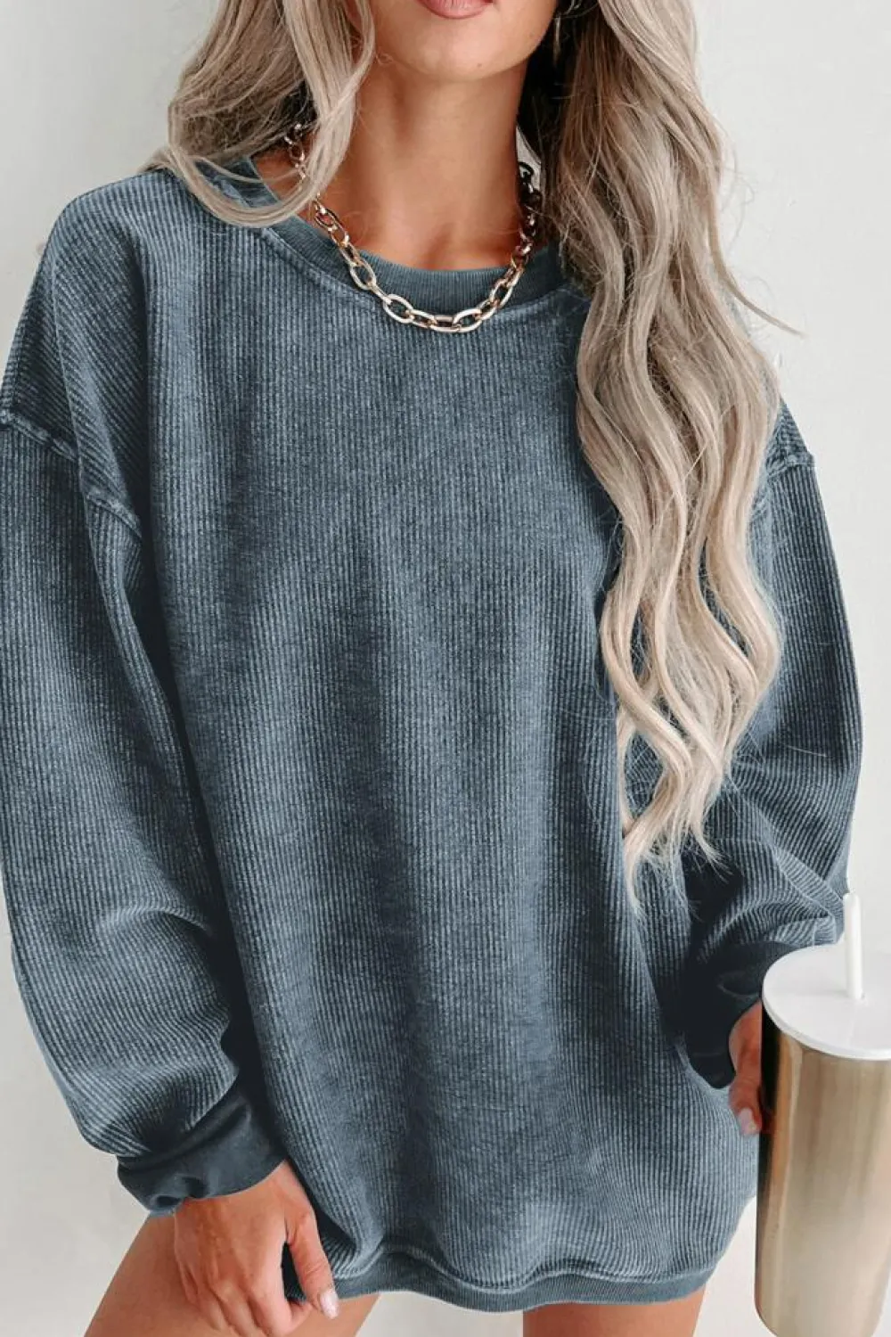 New Dear-Lover Solid Ribbed Knit Round Neck Pullover Sweatshirt Blue