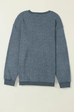 New Dear-Lover Solid Ribbed Knit Round Neck Pullover Sweatshirt Blue