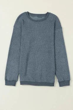 New Dear-Lover Solid Ribbed Knit Round Neck Pullover Sweatshirt Blue