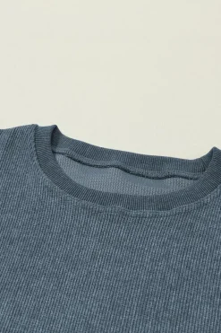 New Dear-Lover Solid Ribbed Knit Round Neck Pullover Sweatshirt Blue