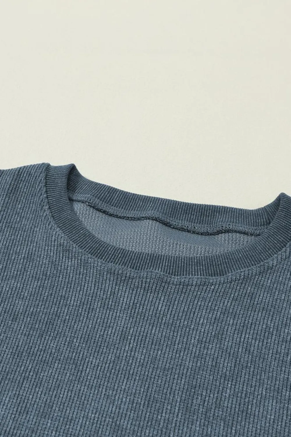 New Dear-Lover Solid Ribbed Knit Round Neck Pullover Sweatshirt Blue