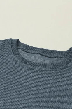 New Dear-Lover Solid Ribbed Knit Round Neck Pullover Sweatshirt Blue