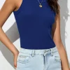 Clearance Dear-Lover Solid Round Neck Ribbed Tank Top Blue