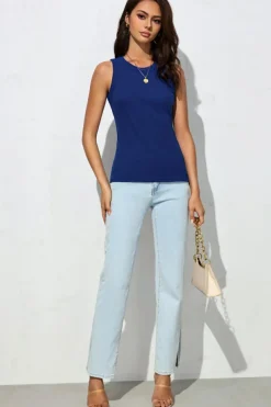 Clearance Dear-Lover Solid Round Neck Ribbed Tank Top Blue