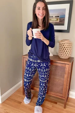 Clearance Dear-Lover Solid Top and Christmas Pants Two Piece Lounge Set Blue