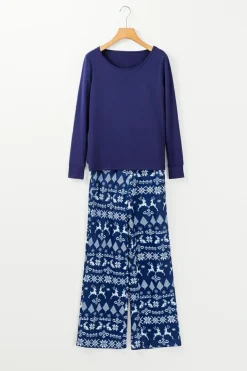Clearance Dear-Lover Solid Top and Christmas Pants Two Piece Lounge Set Blue