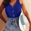 Sale Dear-Lover Spaghetti Strap Buttoned Tank Top Blue
