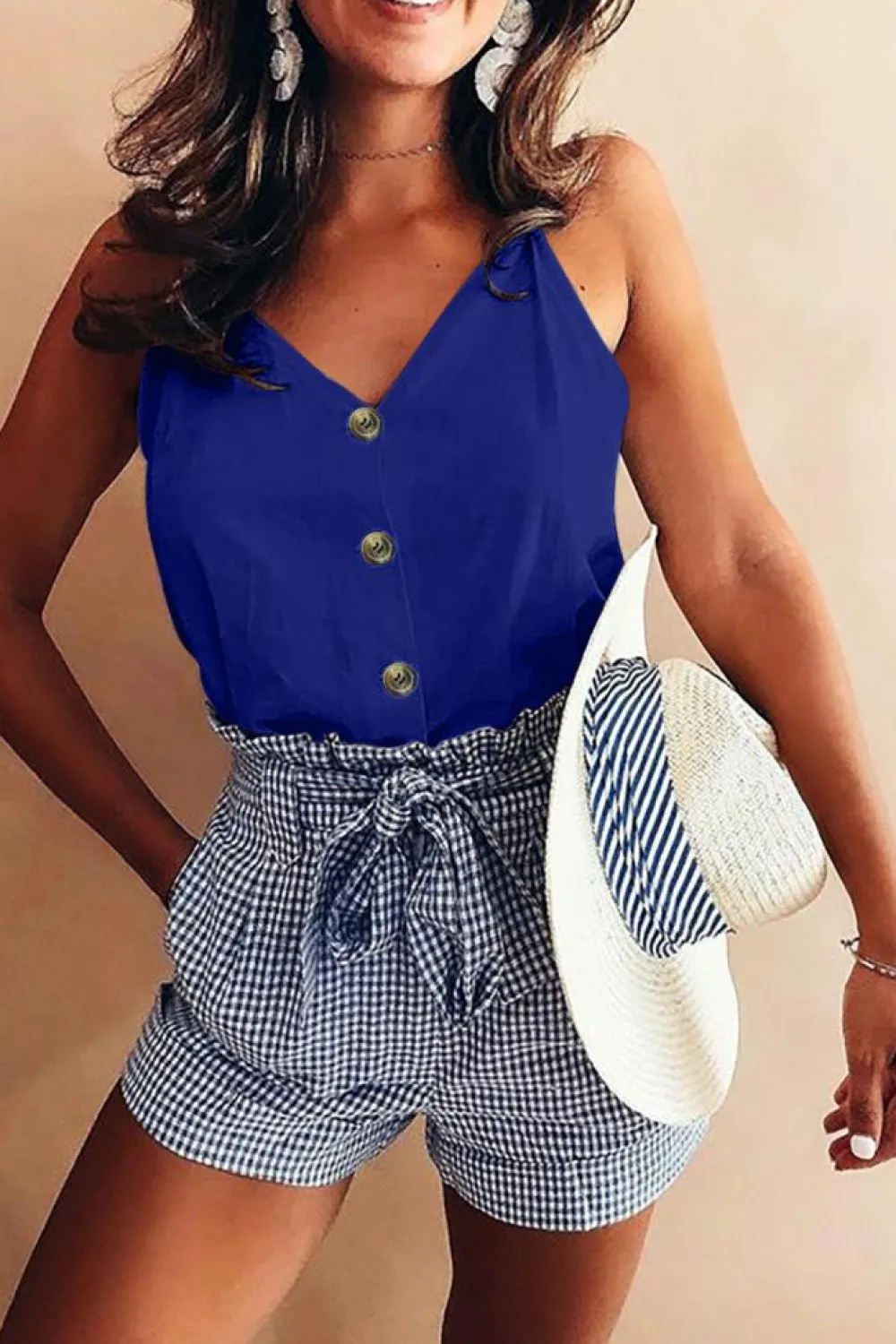 Sale Dear-Lover Spaghetti Strap Buttoned Tank Top Blue