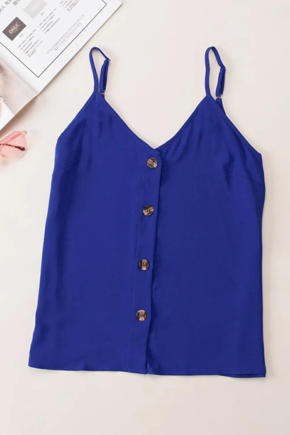 Sale Dear-Lover Spaghetti Strap Buttoned Tank Top Blue