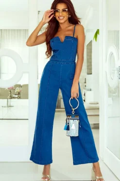 Fashion Dear-Lover Spaghetti Straps Notch V Denim Jumpsuit Blue