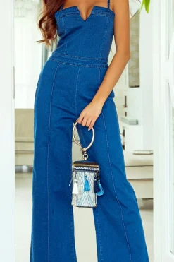 Fashion Dear-Lover Spaghetti Straps Notch V Denim Jumpsuit Blue