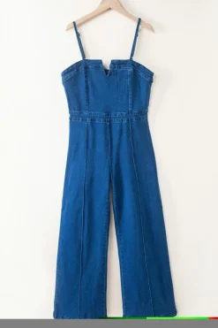Fashion Dear-Lover Spaghetti Straps Notch V Denim Jumpsuit Blue