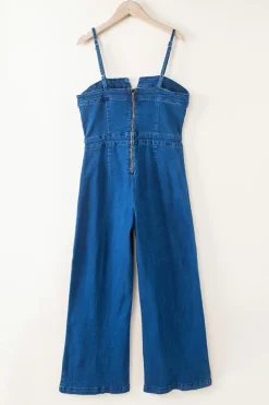 Fashion Dear-Lover Spaghetti Straps Notch V Denim Jumpsuit Blue