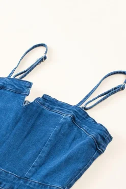 Fashion Dear-Lover Spaghetti Straps Notch V Denim Jumpsuit Blue