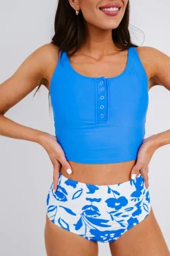 Best Dear-Lover Square Neck Sleeveless Fashion Print Tankini Set Blue