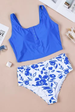 Best Dear-Lover Square Neck Sleeveless Fashion Print Tankini Set Blue