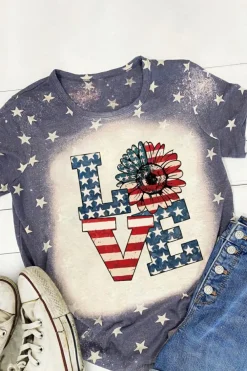 Hot Dear-Lover Starlet Allover Bleached LOVE Sunflower Flag Graphic Tee Blue