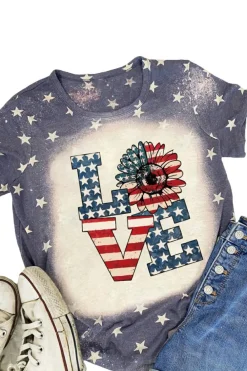 Hot Dear-Lover Starlet Allover Bleached LOVE Sunflower Flag Graphic Tee Blue