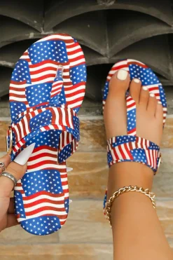 New Dear-Lover Stars and Stripes Print T-Strap Slippers Blue