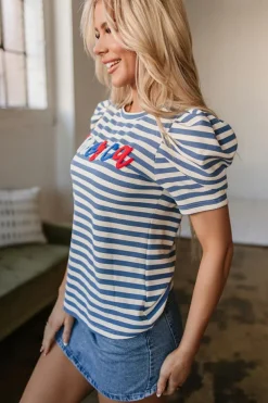 Sale Dear-Lover America Cursive Graphic Puff Sleeve T-shirt Blue Stripe