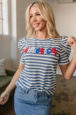 Sale Dear-Lover America Cursive Graphic Puff Sleeve T-shirt Blue Stripe