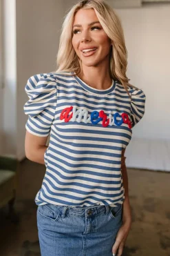 Sale Dear-Lover America Cursive Graphic Puff Sleeve T-shirt Blue Stripe