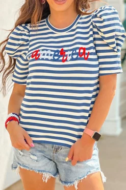 Sale Dear-Lover America Cursive Graphic Puff Sleeve T-shirt Blue Stripe