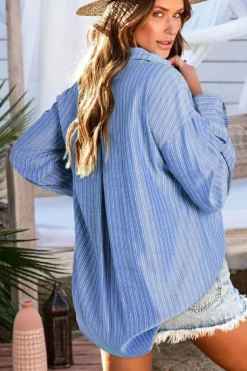 New Dear-Lover Button Up Oversized Casual Shirt Blue Stripe