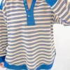 Sale Dear-Lover Buttoned V Neck Collared Drop Shoulder Top Blue Stripe