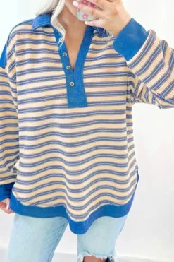 Sale Dear-Lover Buttoned V Neck Collared Drop Shoulder Top Blue Stripe